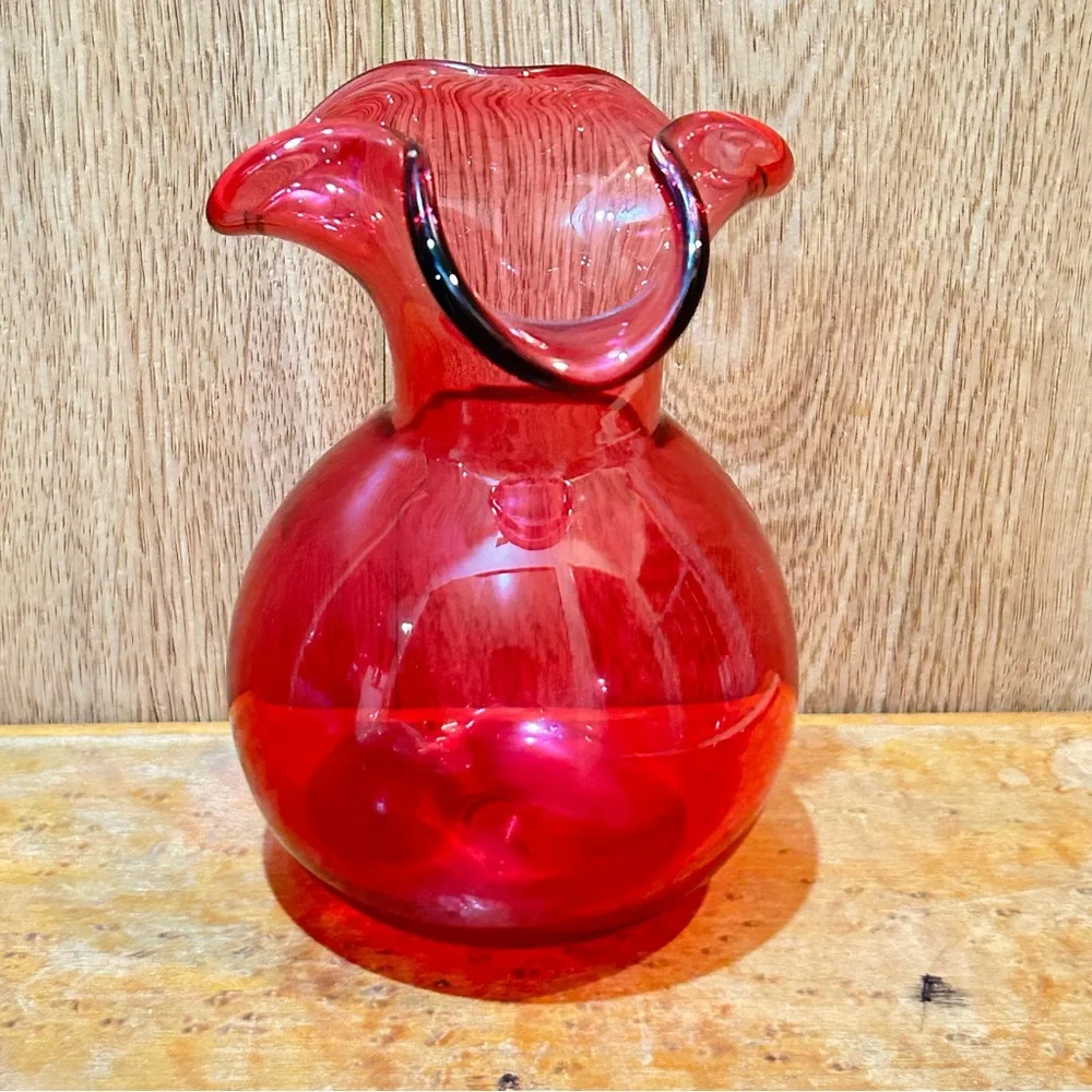 Cranberry Ruffled Top Glass Vase 5” Tall